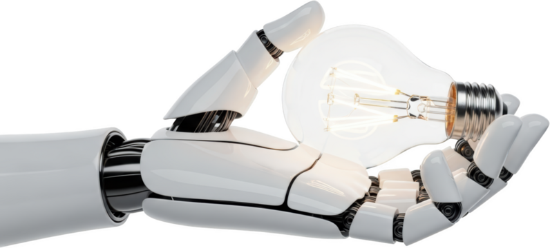 Robotic hand holding a glowing light bulb with intricate details Innovation Technology Future transparent background