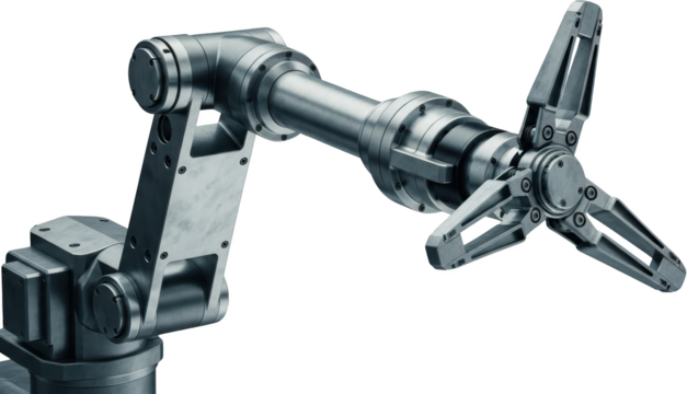 Industrial robotic arm with articulated joints and manipulator gripper metallic finish automation transparent background