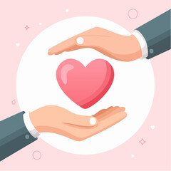 Vector illustration of two hands holding a heart, symbolizing love and unity, with minimalistic soft pink background