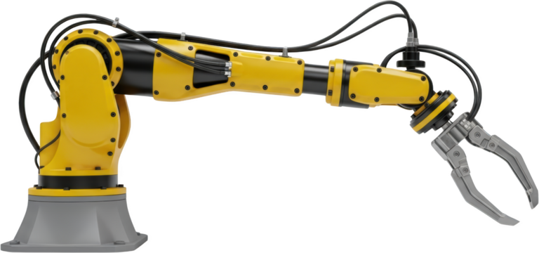 Yellow industrial robotic arm with articulated joints and gripper isolate automation technology