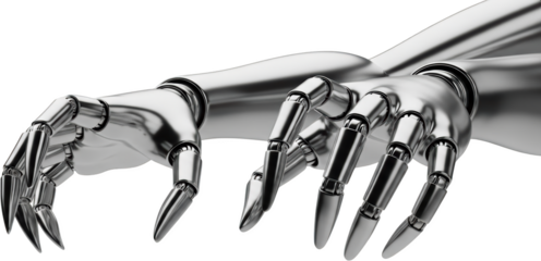 Detailed metallic robotic arm and hand with articulated fingers reaching forward isolate mechanical