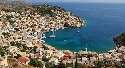 Naklejka premium Hillside view of the colorful buildings and busy harbor on Symi Island - Scenic beauty in Greece