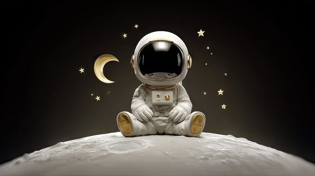A small astronaut sits on the moon, gazing at the stars.