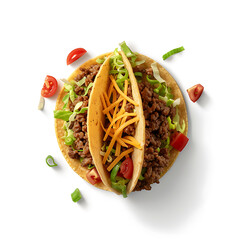 Three beef tacos with lettuce, cheese, and tomatoes on a white background