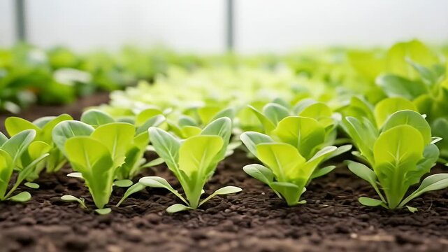 Cultivating Fresh Greens: Rows of Vibrant Lettuce Seedlings Thriving in a Greenhouse Environment Depicting Sustainable and Controlled Agriculture