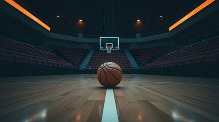 Dramatic basketball court scene with ball ready for tipoff in empty arena, ready for action and competition