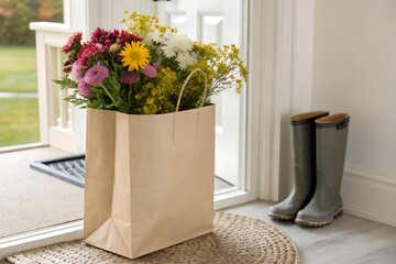 Bright mixed flower bouquet in a brown paper bag by the doorstep on a sunny day