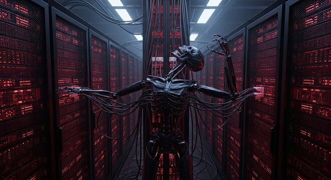 robot entangled in cables inside a futuristic server room glowing red, expressing artificial intelligence failure and malicious intent. AI error, technology danger concept