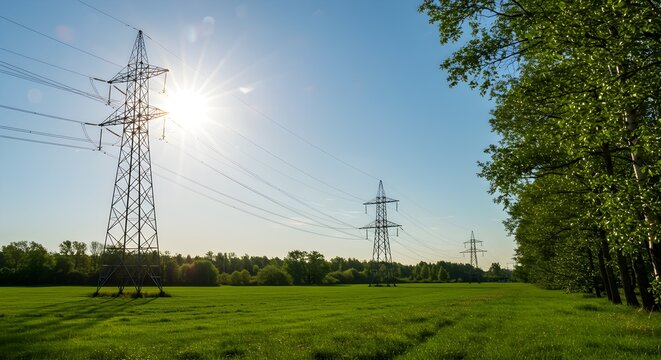 High voltage transmission towers and electric power lines illuminated by sunlight in a green field