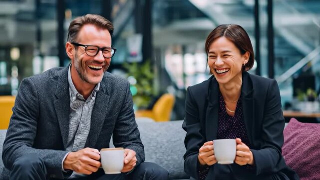 Coffee break camaraderie: A candid moment captured two colleagues laughing and sharing a moment of levity, holding mugs of coffee, in a modern office setting. 