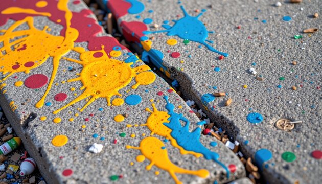Colorful splashes of paint adorn cracked concrete surface showcasing urban decay in mixed media. vibrant hues contrast with gritty texture