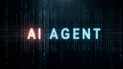 Fototapeta premium AI agent glowing text on digital background with lines and data streams, representing technology and innovation in artificial intelligence