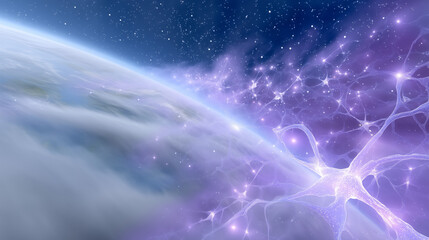 Curved Earth horizon with purple neuron-like network and glowing stars in deep space, depicting future AI, space communication, and galactic data flow visualization