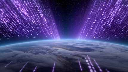 Curved Earth view with purple digital rain falling from space, depicting real-time data transfer, cybersecurity, and futuristic global information network