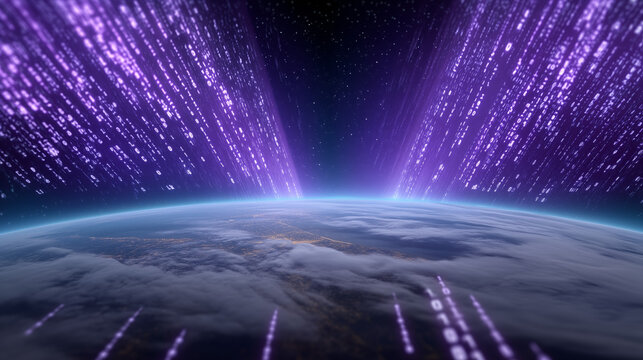 Curved Earth view with purple digital rain falling from space, depicting real-time data transfer, cybersecurity, and futuristic global information network - Powered by Adobe