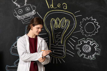 Male inventor with clipboard near drawings on dark wall