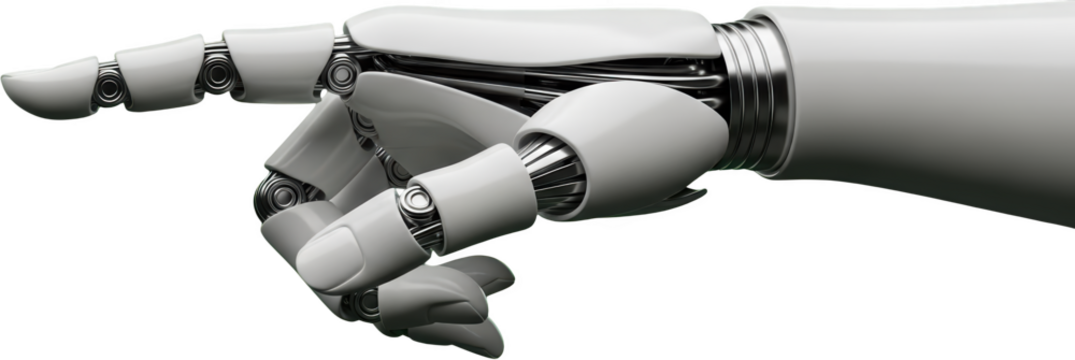 Detailed view of a white robotic hand with exposed metallic wiring isolate artificial intelligence