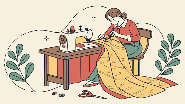 Woman Sewing on Machine: Creative Textile Craft & Hobby Illustration