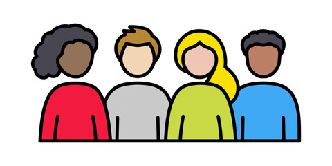 Friend group icon. A crowd of men & women socializing and hanging out together. Diversity and human relationships.