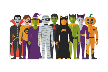 Halloween group costume set with vampire, witch, mummy, frankenstein, pumpkin, werewolf, zombie, playful collection