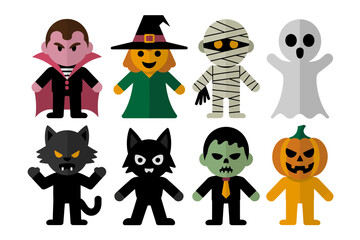 Halloween kids costume icons with vampire, witch, mummy, cat, frankenstein, pumpkin, playful character set, vector