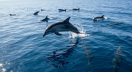 Fototapeta premium Bottle-nosed dolphin Tursiops truncatus jumping in mediterranean Sea in greece