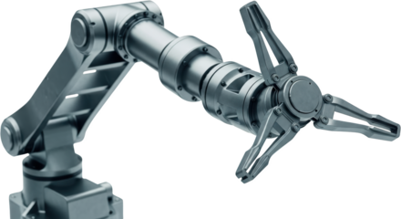 Detailed silver robotic arm with articulated joints and gripper industrial automation technology transparent background