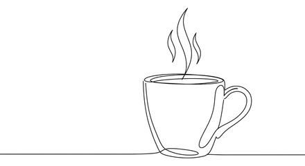 Continuous one line drawing of a steaming coffee cup. Minimalist outline sketch of a hot beverage mug for a cafe menu or banner.