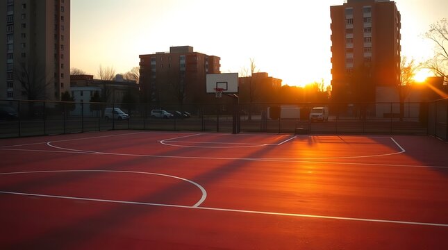 Golden hour illuminates a vibrant red basketball court in an urban park for fitness and recreation - Powered by Adobe