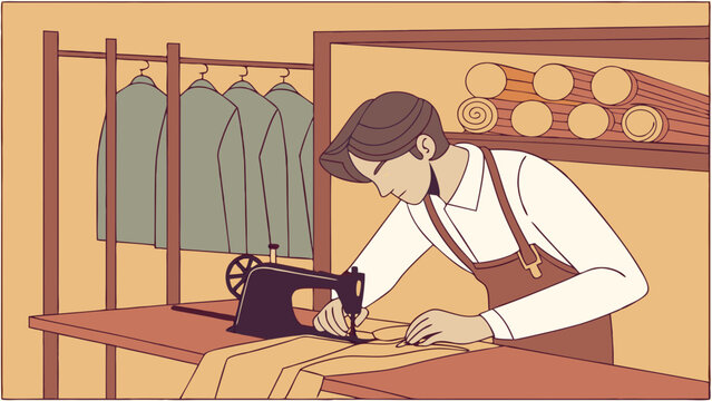Skilled Tailor Sewing Fabric on Vintage Machine in Workshop. Traditional Craftsmanship & Fashion Industry.