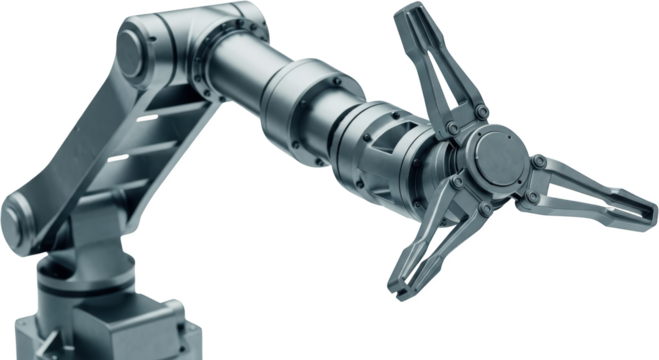 Detailed silver robotic arm with articulated joints and gripper industrial automation technology transparent background