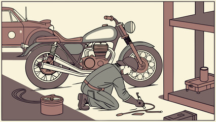 Vintage motorcycle repair illustration: Mechanic working on a classic bike in a garage workshop