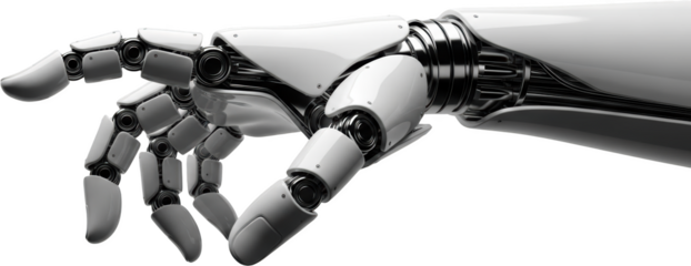 Highly detailed robotic hand with articulated fingers extended showcasing complex machinery and smooth white casing transparent background