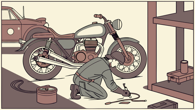 Vintage motorcycle repair illustration: Mechanic working on a classic bike in a garage workshop