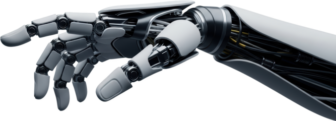 Detailed close up of a sophisticated robotic hand with exposed wires and advanced mechanisms transparent background