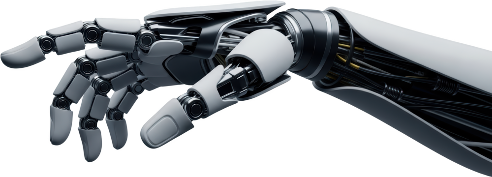 Detailed close up of a sophisticated robotic hand with exposed wires and advanced mechanisms transparent background - Powered by Adobe