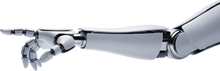 Advanced robotic arm with articulated fingers pointing forward metallic and white smooth surfaces transparent background