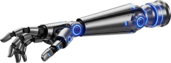 Detailed metallic robot arm with glowing blue lights advanced engineering technology mechanical transparent background