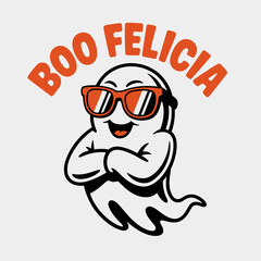 Boo Felicia card with ghost in sunglasses, playful Halloween, printable sticker, typographic vector illustration