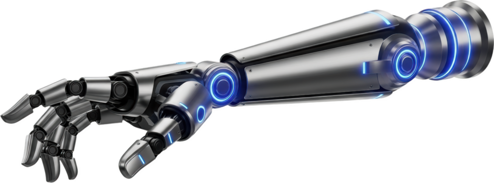 Detailed metallic robot arm with glowing blue lights advanced engineering technology mechanical transparent background