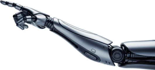 Advanced metallic robot arm pointing with detailed articulated fingers isolate artificial intelligence
