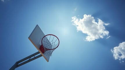 Sunlit basketball hoop against a vibrant blue sky inspires dreams of athletic achievement and outdoor fun