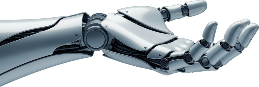 Detailed robotic arm with articulated fingers silver metallic finish complex joints and wires transparent background