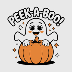 Peek a boo card with ghost in pumpkin, playful Halloween, smiling face, printable sticker, vector illustration