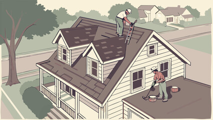 Home Roof Repair & Renovation Illustration: Two workers performing maintenance on a residential house, property improvement concept.