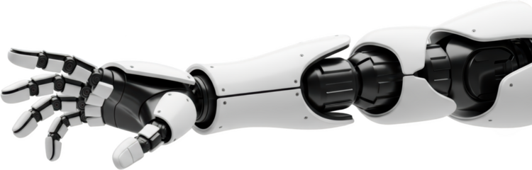 White robotic arm with articulated fingers and joints extending outwards isolate Robot arm
