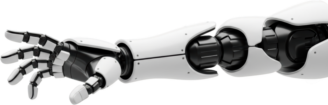 White robotic arm with articulated fingers and joints extending outwards isolate Robot arm