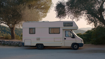 Cozy camper parked by scenic trees in a tranquil outdoor setting