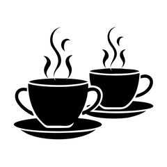Black and white coffee cups with steam saucer