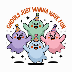 Floating pastel ghouls gathered together singing, unique layout for printable, social media Halloween post or icon bundle  